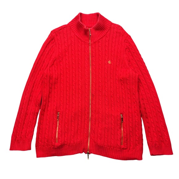 Lauren Ralph Lauren Sweaters - Lauren Ralph Lauren Women's Cable Knit Full Zip Mock Neck Sweater 2X Red Holiday